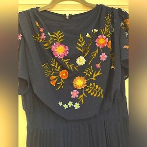 ASOS navy blue chiffon pleated maxi dress with floral embroidery